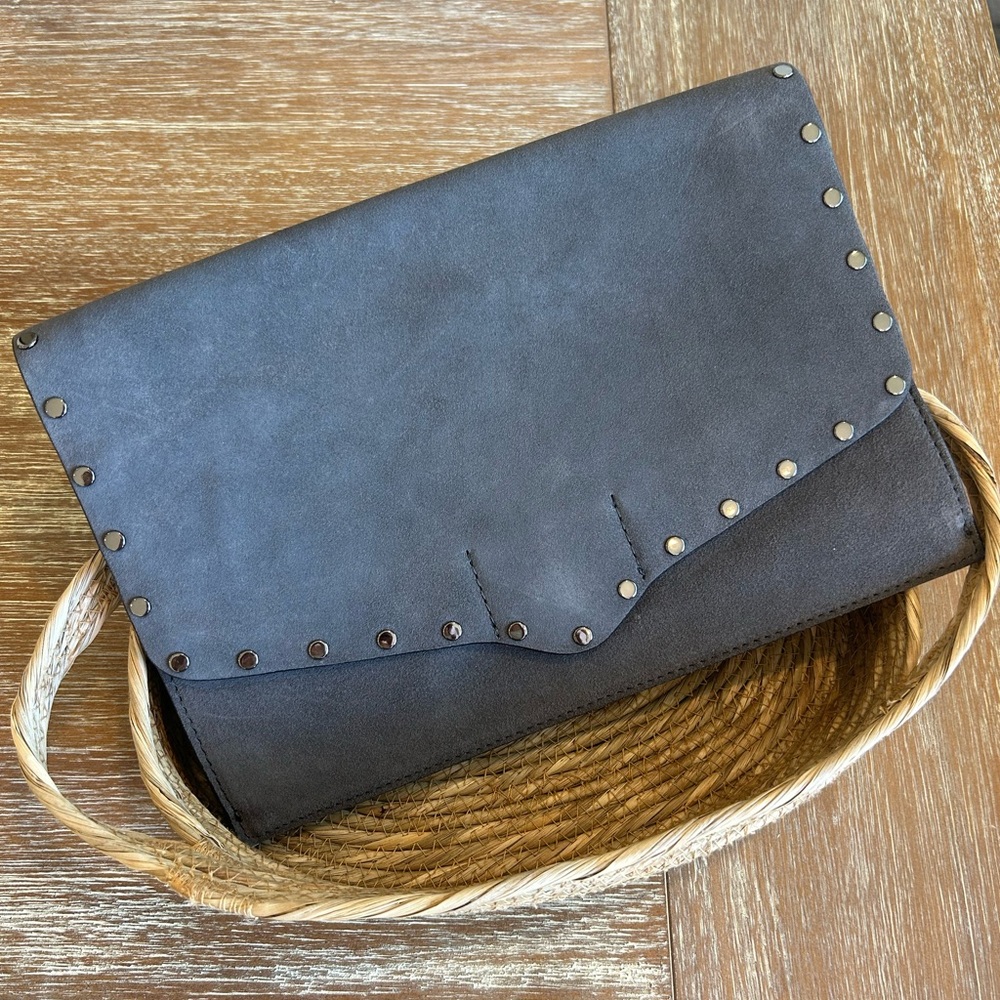 Rebecca Minkofff Rare Grey Suede Envelope Clutch With Silver Grommet Detail